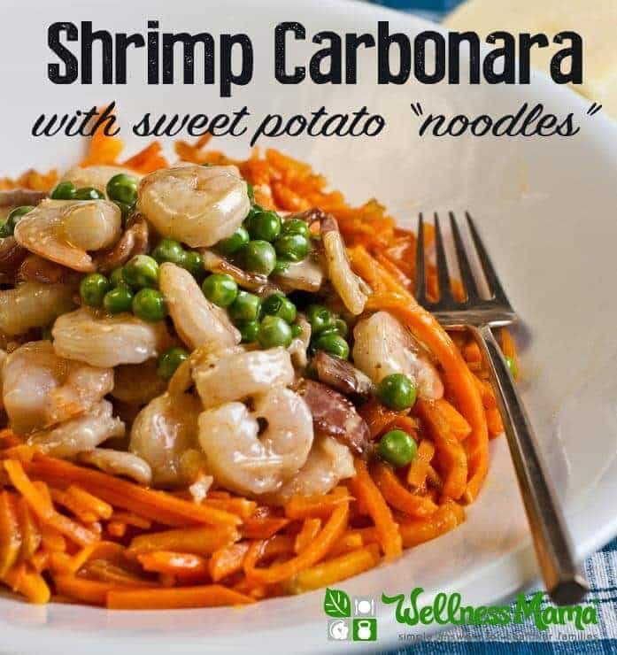 Shrimp Carbonara with Sweet Potato “Pasta”