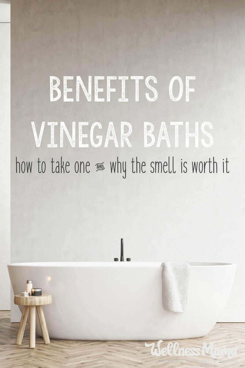 There are many benefits to taking vinegar baths. Vinegar helps naturally balance the skins pH, softens skin and helps kill any yeast.