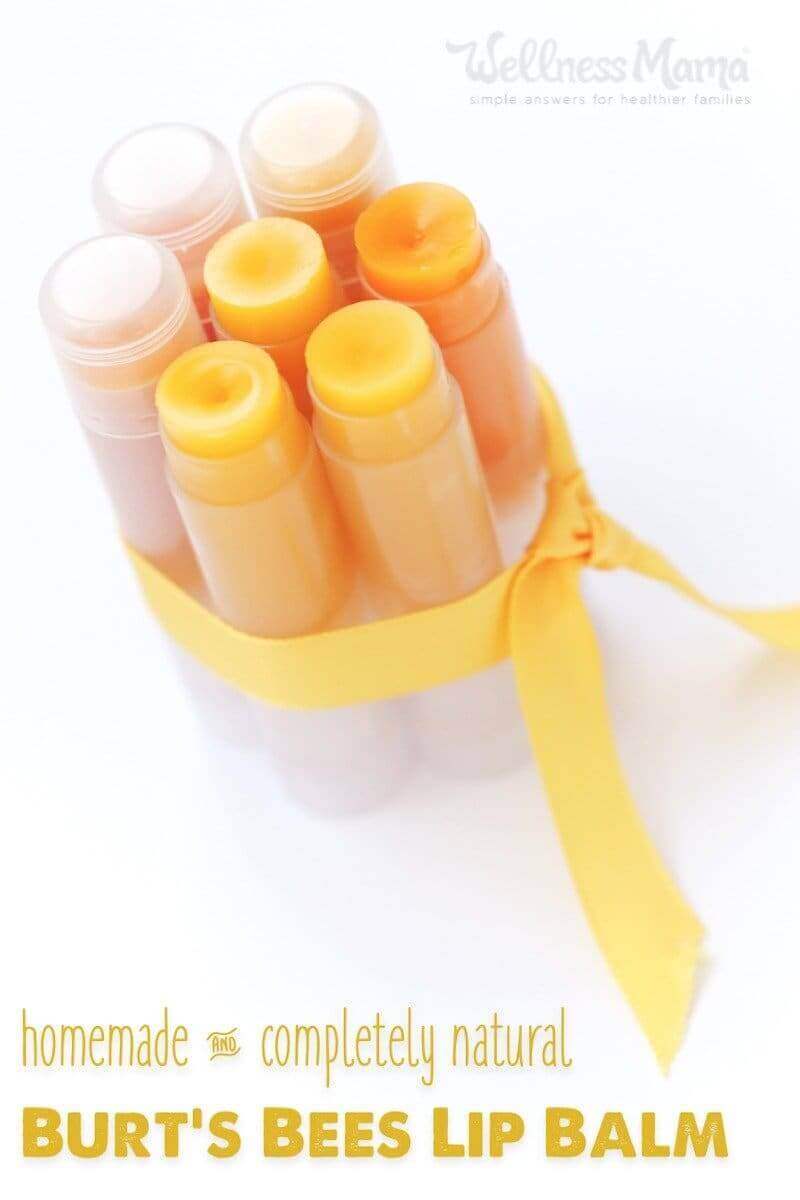 Make this copycat Burts Bees Lip Balm with the natural peppermint/beeswax scent using just natural beeswax, coconut oil, shea butter and essential oils.