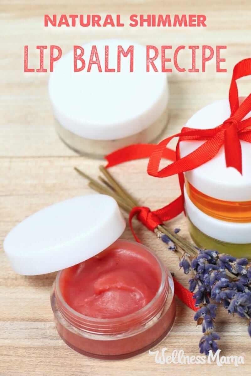 This natural shimmer lip balm recipe combines coconut oil, beeswax, and shea butter or cocoa butter with natural mica shimmer pigment and essential oils.