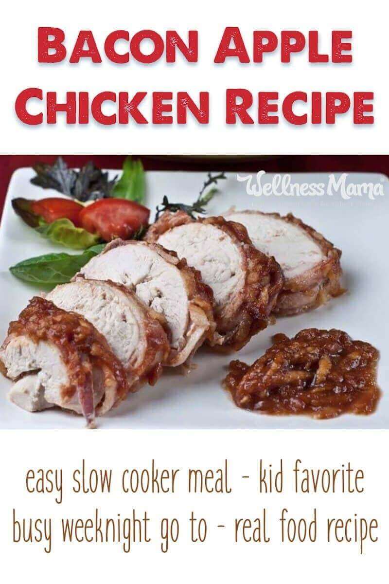 This bacon apple chicken is made in a slow cooker. The bacon and apple highlight the barbecue sauce for a smoky flavor.